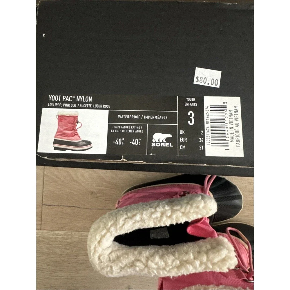 Sorel Girls Snow Boots Yoot Pac Nylon boot Mid-calf Lollipop/Pink Glo. Size 3